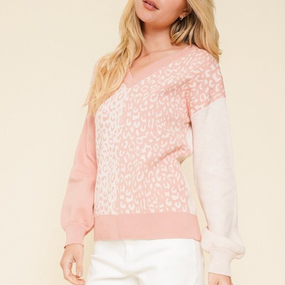 HEM & THREAD Blush Pink Leopard Print Sweater, V-Neck Soft Knit Pullover - Picture 1 of 8